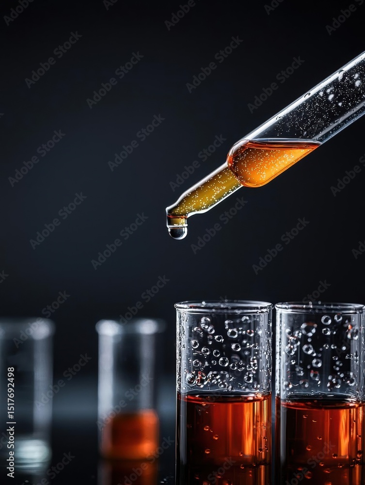 Poster laboratory setting with three test tubes and a dropper. the dropper is filled with a dark amber-colo
