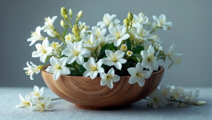 Heap of white jasmine flowers on a wooden plate isolated against a white background