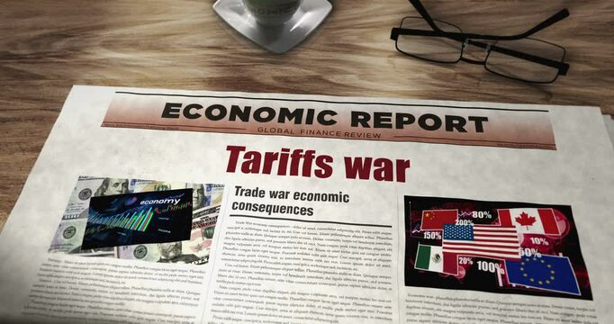 Tariffs war trade crisis daily newspaper on table. Headlines news abstract concept 3d.