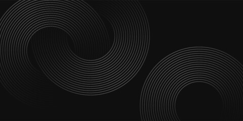 Abstract black glowing geometric lines on dark black background. Modern shiny black circle lines pattern. Futuristic technology concept. Suit for cover, poster, banner, brochure, header, website. 