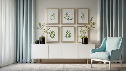 Modern botanical wall art in a cozy living room with white cabinet and wooden lamp