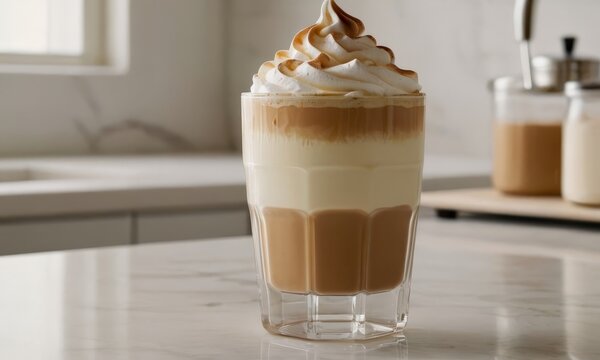 Elegant layered coffee drink with whipped cream on a marble countertop