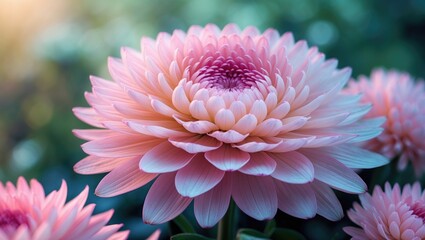Vibrant pink chrysanthemum in full bloom with delicate petals and soft pastel hues, captured in close-up