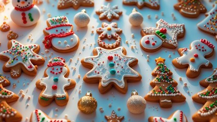 Isolated collection of holiday gingerbread cookies with Christmas ornaments on white background