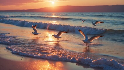 Beautiful beach landscape with sea or ocean and seagulls at sunset, showcasing a summer tropical environment in wide-angle view.