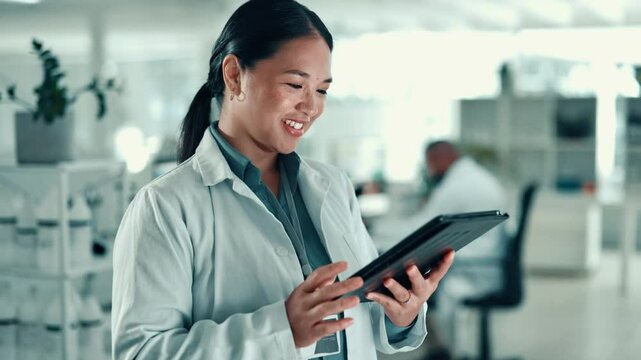 Laboratory, woman and scientist with tablet for reading, investigate and scroll report for medical. Healthcare, female person and doctor with tech for online study, information and research for test - Powered by Adobe