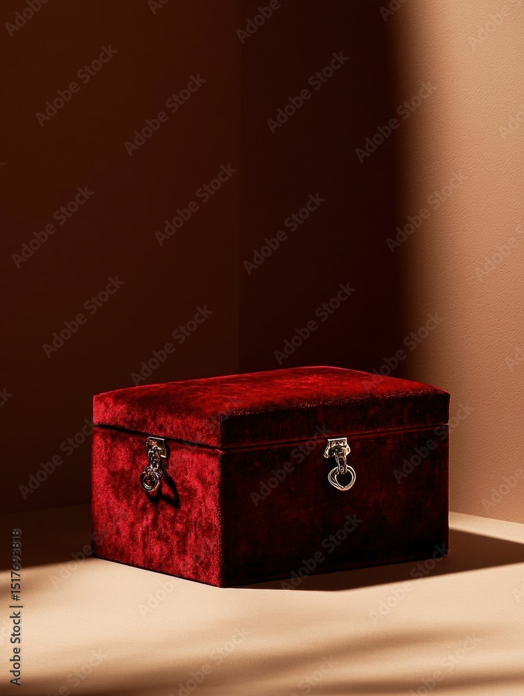 Poster small red velvet box with two metal handles on the lid. the box is rectangular in shape and appears 