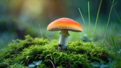 White background featuring a beautiful orange boletus mushroom on moss