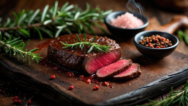 Grilled top blade steak on wooden board with rosemary, dark background, American Wagyu beef