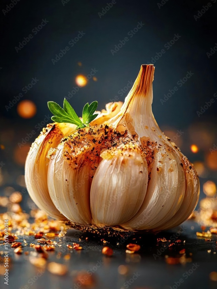 Poster close-up of a garlic bulb with a sprig of parsley on top. the bulb is light brown in color and has a
