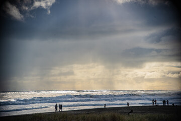 Beautiful lagoon and ocean beach in Piha, Auckland, New Zealand, before sunset.
