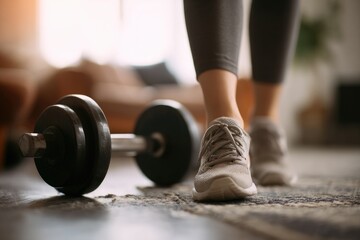 Low-angle view of woman's feet in sneakers, walking past dumbbells on a rug inside a home