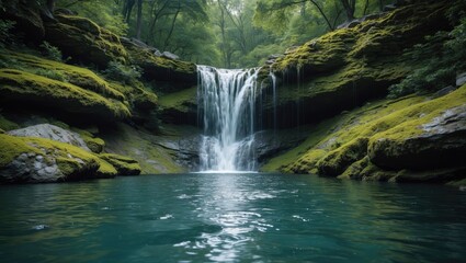 Naklejka premium Stunning natural scenery with lush forest and cascading waterfall in an Indonesian jungle