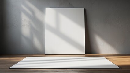 Empty white canvas poster leaning against concrete wall on wooden floor in interior room, suitable for business mockup and presentation design