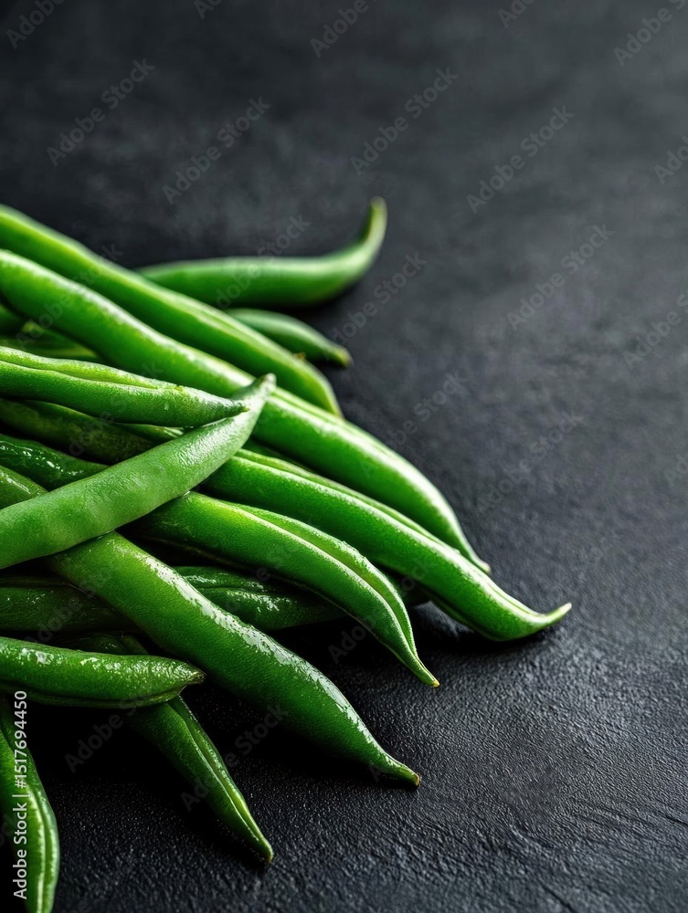 Poster bunch of green beans on a black surface. the beans are long and slender, with a pointed tip at the e