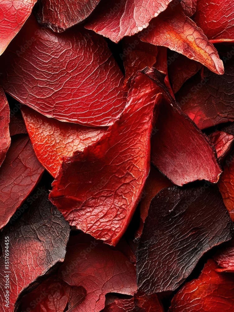 Poster close-up of a pile of red and black leaves. the leaves are arranged in a random, overlapping manner,