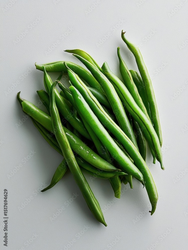 Poster bunch of green beans on a white background. the beans are long and slender, with a pointed tip at th