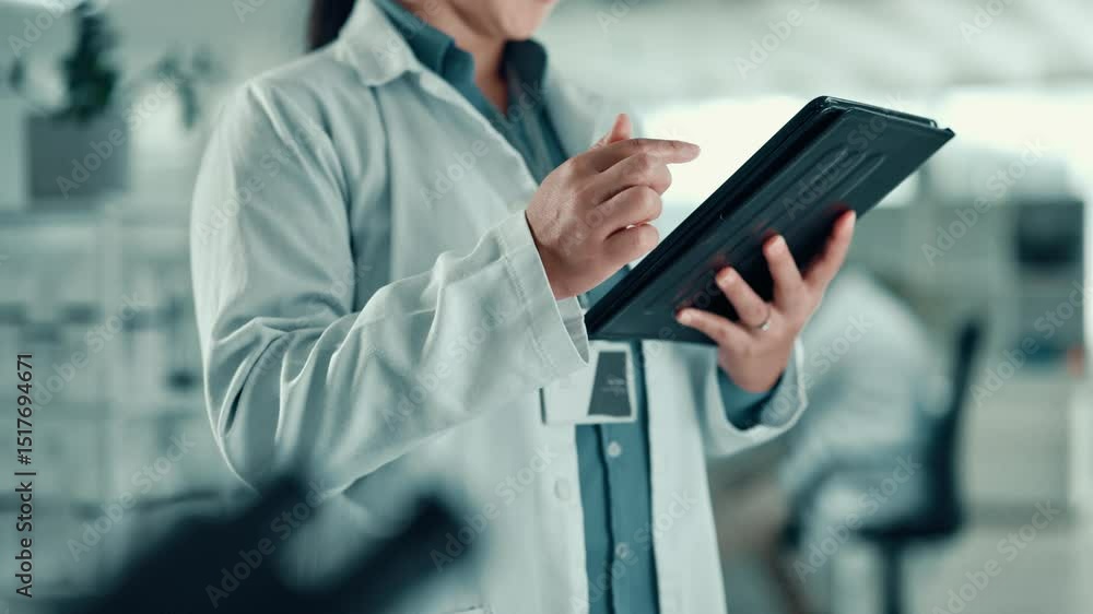 Poster Laboratory, hands and scientist with tablet for reading, investigate and scroll report for medical. Healthcare, person and doctor with digital for online study, information and research for typing