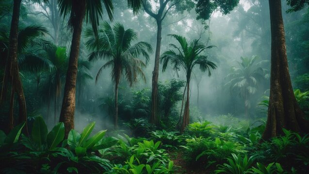 Scenic green forest scene during summer at Kenyir Lake, Terengganu showcasing trees, mountains, and natural beauty with soft grain effect