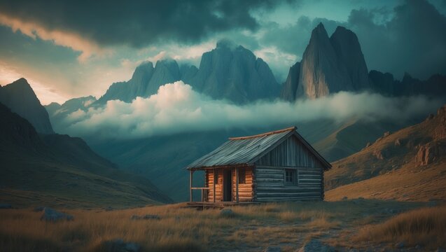 Serene rural landscape featuring a rustic cabin on a grassy hill under dramatic clouds and mountain views