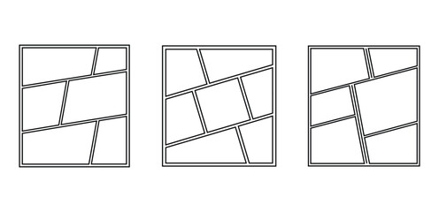 Three square comic book storyboard templates with blank panels, manga layout, grid design, and vector illustration for creative composition