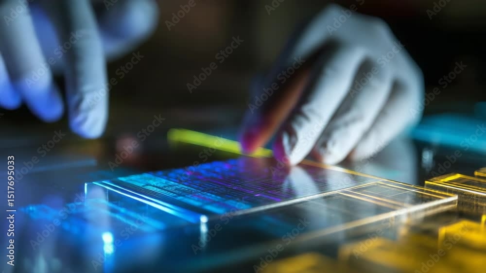 Poster laboratory technician wearing gloves interacting with innovative transparent touchscreen interface, 