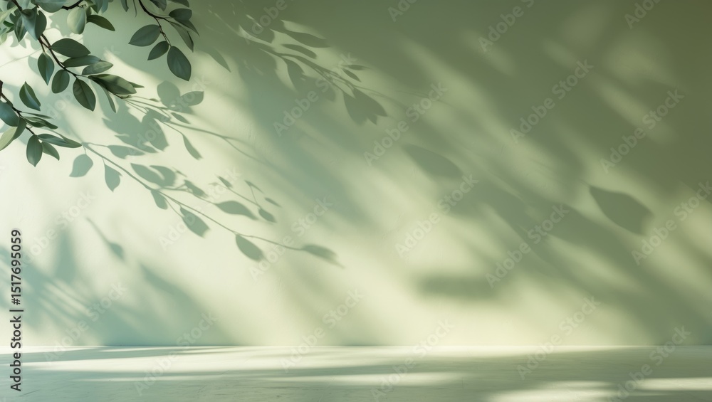 Poster empty table with leaves shadow on light green wall in vertical background for product presentation a