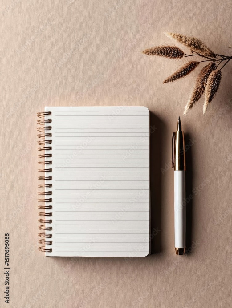 Aufkleber white notebook with a spiral binding on a light pink background. next to the notebook, there is a wh