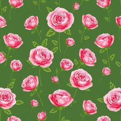 Seamless pink roses green background floral pattern