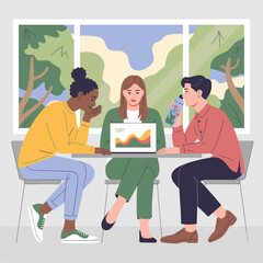 Young people sitting at a table with a laptop and a bottle of water. Scene is casual and relaxed, as the people are enjoying a break from work or school