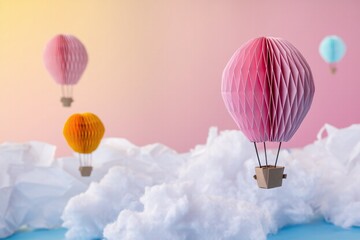 Obraz premium Paper Balloon Sky. A dreamy sky filled with colorful origami hot air balloons floating among layered paper clouds. The balloons are detailed with folds and patterns. 