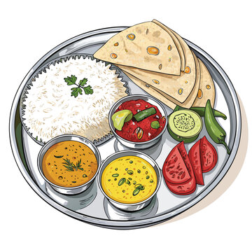 A vibrant, close-up shot of a South Indian thali featuring fluffy rice, flavorful curry, crispy papad, and assorted pickles.
