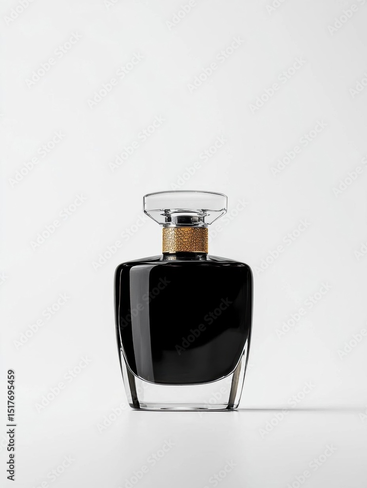 Poster the image is of a black perfume bottle with a cork stopper. the bottle is made of glass and has a ro