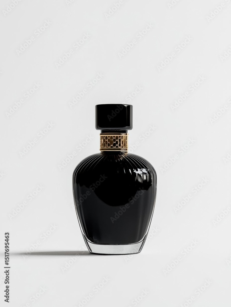 Poster 3d rendering of a perfume bottle. the bottle is black in color and has a round shape with a narrow n
