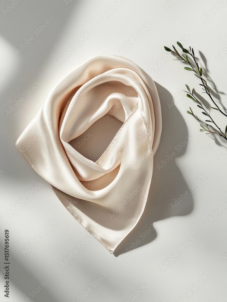 Poster light pink scarf folded neatly on a white surface. the scarf is made of a soft, silky fabric and has