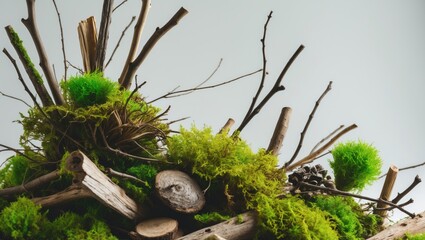 White background featuring green moss, yellow lichen, and a decayed branch