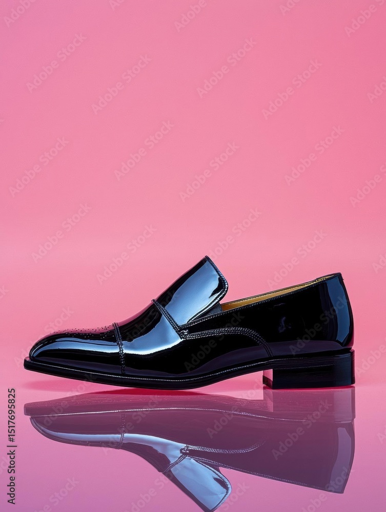 Poster photograph of a black loafer shoe on a pink background. the shoe is placed on a reflective surface, 