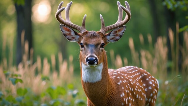 Impressive adult red deer stag in Dyrehave, Denmark during autumn in the forest