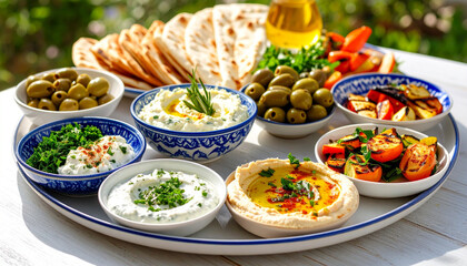 Fototapeta premium Mediterranean Mezze Platter with Hummus, Dips, Olives, and Grilled Vegetables