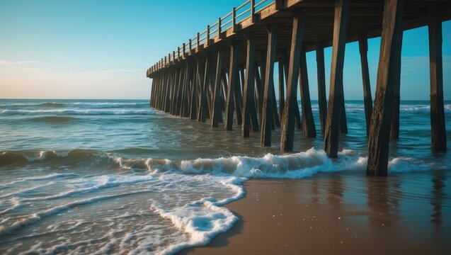 Beach in San Clemente, California during daylight with palm trees, ocean, blue hour, waves, pier, and water reflections