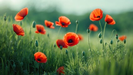 Fototapeta premium Vertical landscape of red poppy flowers amid lush greenery in a natural outdoor setting