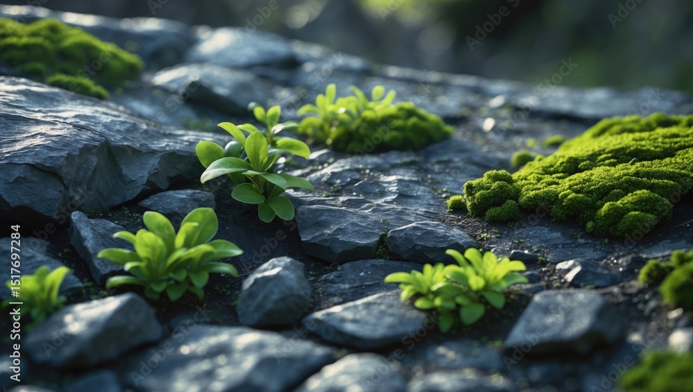 Poster moss-covered stone with textured background and close-up detail
