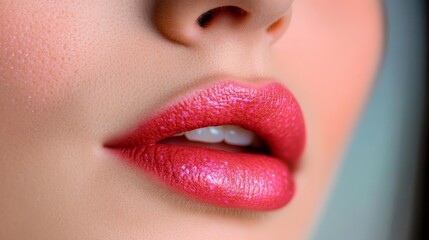 Obraz premium Close-up of Woman s Pink Lips with Glitter Makeup, Beauty, and Cosmetics Concept for Advertising