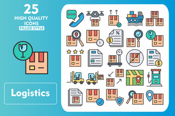 Logistics Line Filled Icon Set. Incleded Icons Phone Call, Document, Geolocation, Fuel, Delivery Note, Delivery Box, Safety, Inspection, Location. Vector Icons Collection