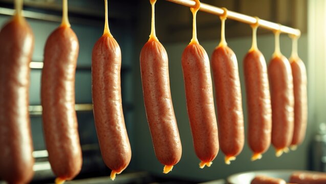 Industrial sausage production with meats and equipment in the background
