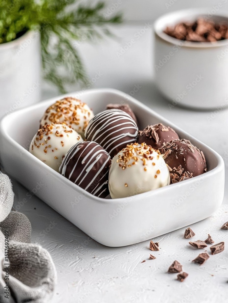 Poster white rectangular bowl filled with six chocolate truffles. each truffle is covered in a thick layer 