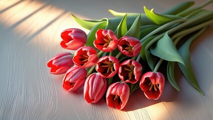 Spring red tulip floral pattern on white background for holiday greeting card with space for text