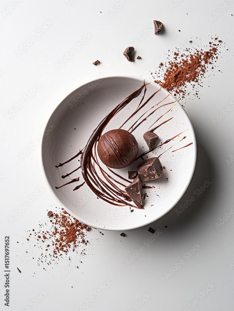 Poster white plate with a chocolate truffle on it. the truffle is round and has a smooth texture. it is cov