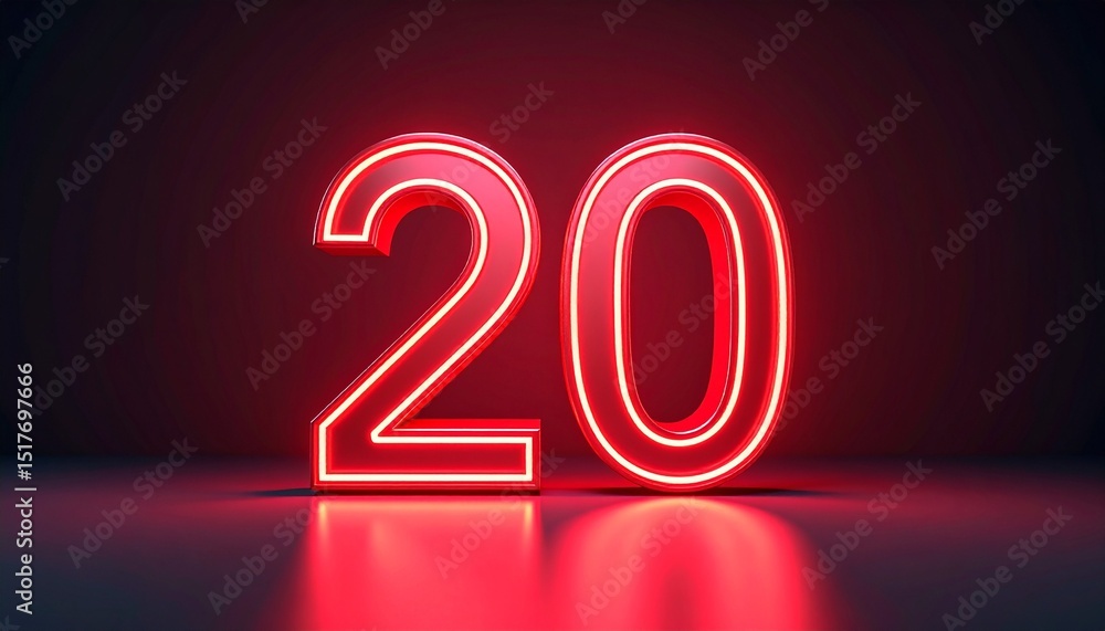 Poster 3d rendering of a metallic number 20 with curved red neon lines on a background.