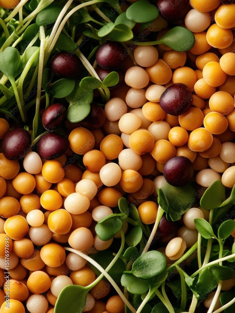Poster close-up of a pile of small, round, orange-colored seeds. the seeds are arranged in a circular patte